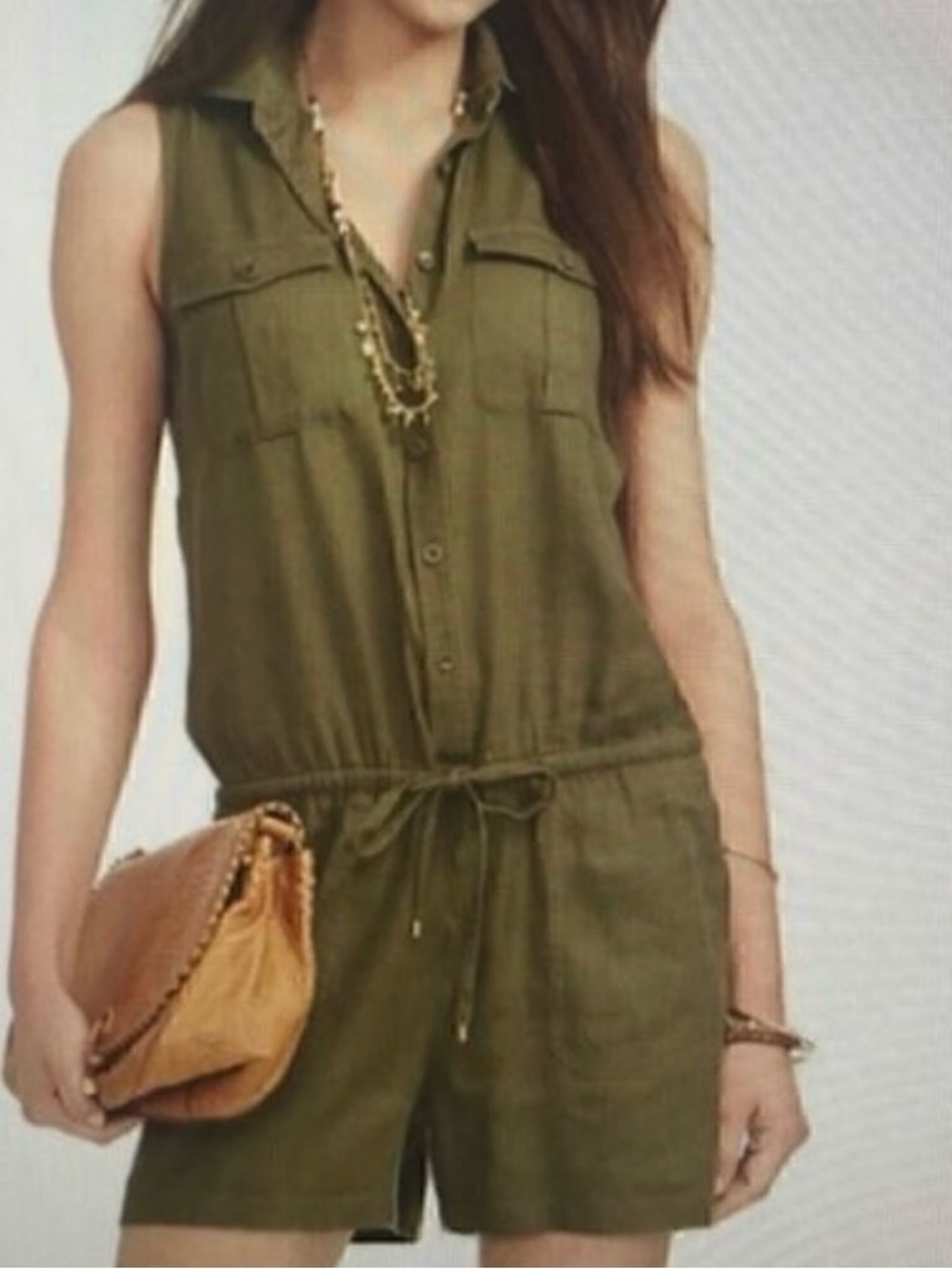 Lauren Ralph Lauren Women Olive Green Linen Romper with Drawstring Waist Size 4